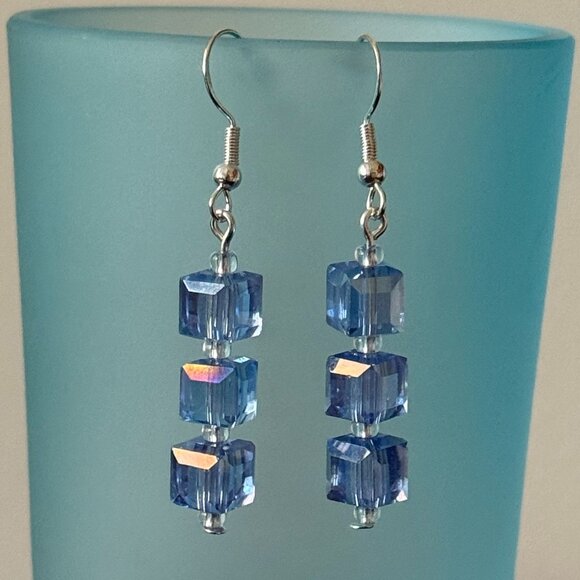 3/$17 Blue Glass Cube Pierced Earrings - Picture 1 of 4